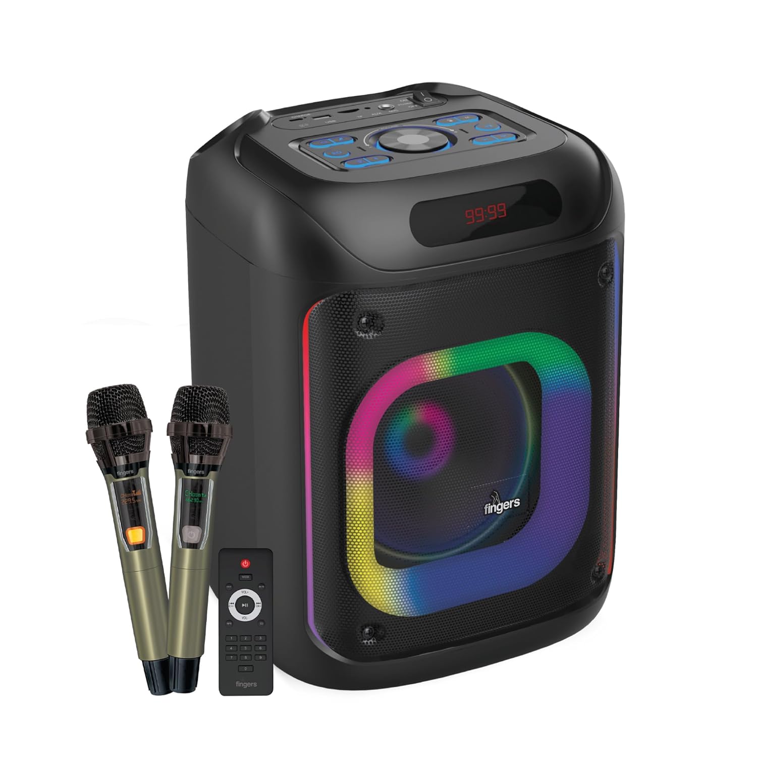 fingers rollingparties 110 bluetooth trolley speaker with powerful 110 w deep bass, 8 hour playtime,guitar input, tws support, bundled 2 wireless mics & additional 2 mics (rich black)